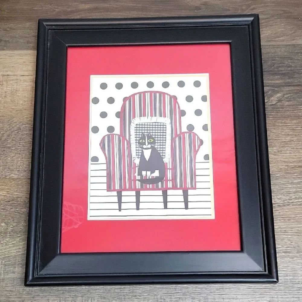 Handmade Original Paper Art Cat Framed with Red and Black Accents 14"X17"